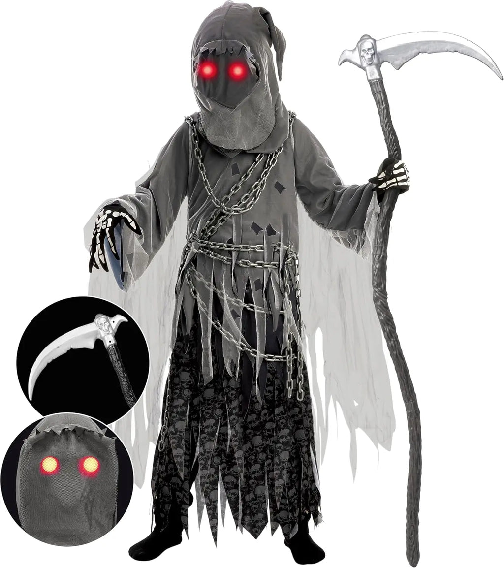 Sloosh Creations Child Unisex Grim Reaper Costume, Halloween Costume with Glowing Red Eyes for Kids Trick-or-Treating
