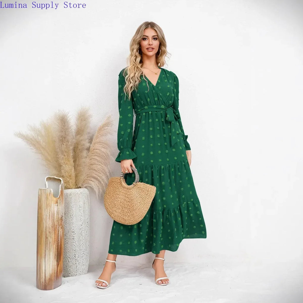 Abito lungo da donna con scollo a V e maniche lunghe