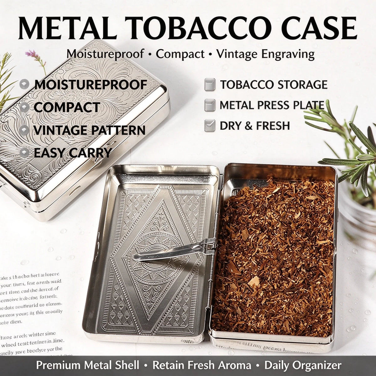 Metal Cigarette Case – Embossed Stainless Steel, Portable Personalized Gift, Compact Storage for Smoking Accessories