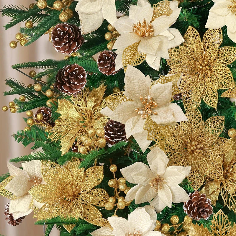 8/16Pcs Christmas Decorations Glitter Artifical Flowers Christmas Tree Ornaments for Home Decor Fake Flower Xmas New Year Gifts