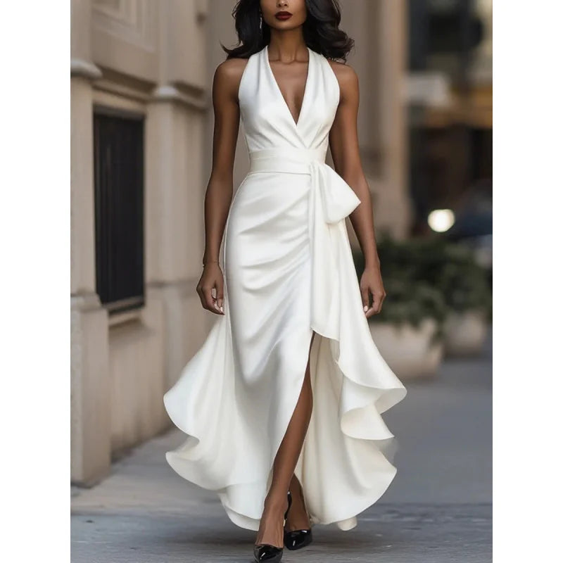 Abito midi da donna con scollo a V e bordo a volant — immagine 4