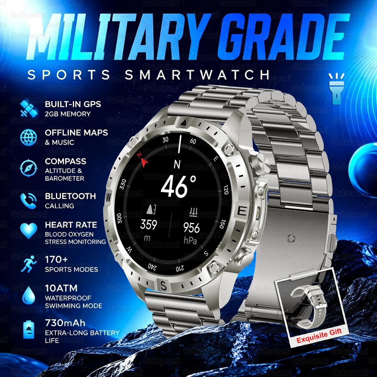 GPS Outdoor Smartwatch with Compass and Offline Map Feature