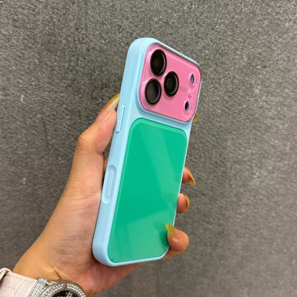 Luxury Double Color Contrast Large Window Case for iPhone 18 17 Pro Max 16 15 14 Camera Film Protector Acrylic Hard Cover