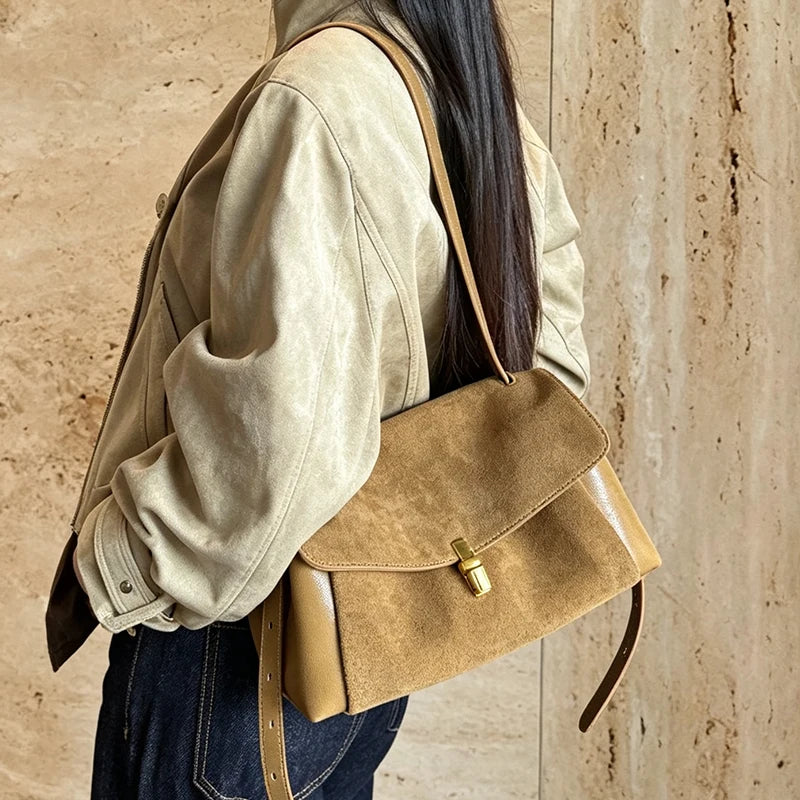 Genuine Suede Women's Bag 2026 Luxury Designer Shoulder Bags Flap Lock Lady Tote Handbag Natural Real Leather Commute Bags Woman