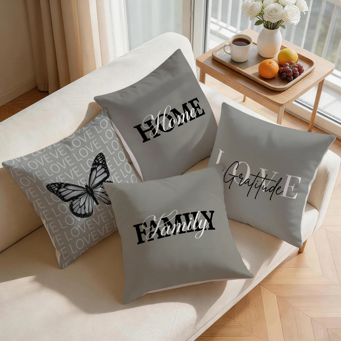 Housse de coussin décorative en polyester avec texte imprimé pour canapé, style maison chaleureuse et simple, 40/45/50 cm