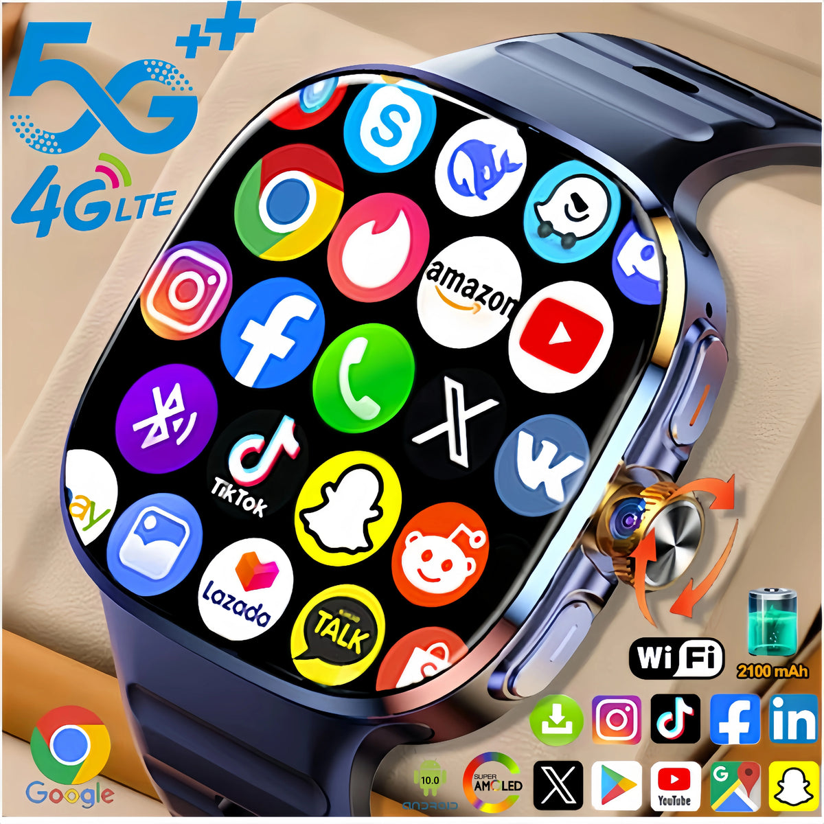 5G/4G Full Network Smart Watch 2.40 inch Big Screen HD Video Call 8GB+128GB RAM 2100mAh Google Play WIFI GPS Sim Card Smartwatch