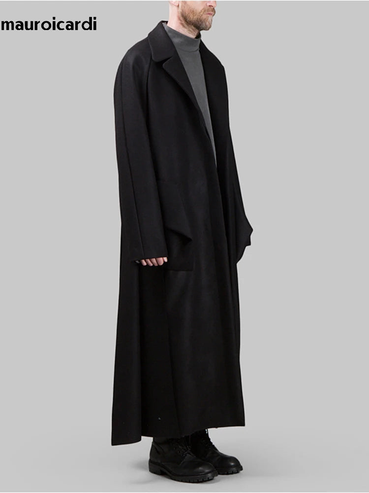 Mauroicardi Autumn Winter Extra Long Black Oversized Soft Wool & Blends Coat Men Single Breasted Luxury Designer Fashion 2023