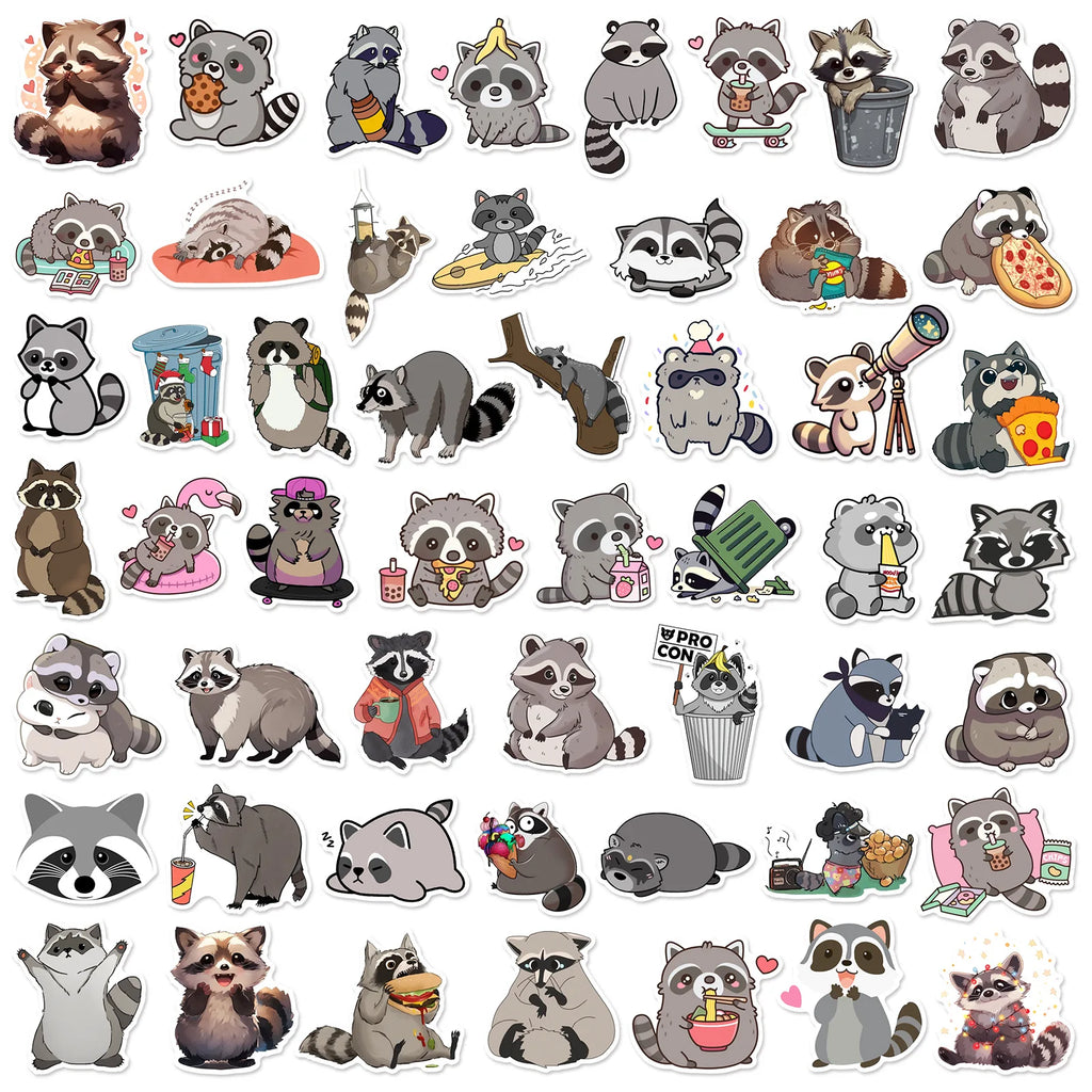 50/100 piezas de pegatinas bonitas de mapaches grafiteros para trolls, vasos térmicos, cajas de almacenamiento y decoración de refrigeradores