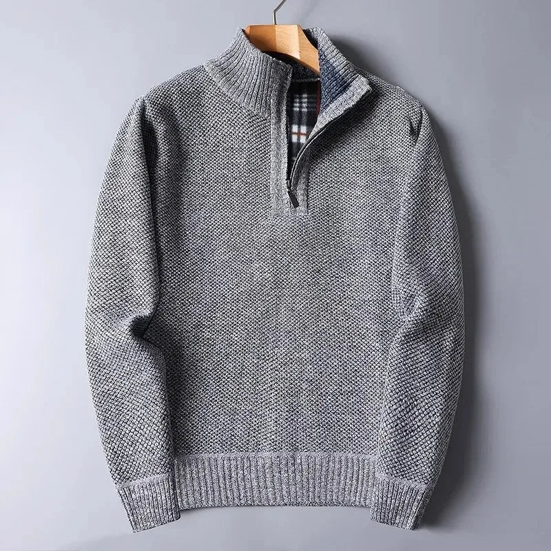 Autumn Winter Men's Sweater Padded Thickened Mock Neck Half Zipper Solid Color Warm Casual Pullovers Male Trendy Knitwear