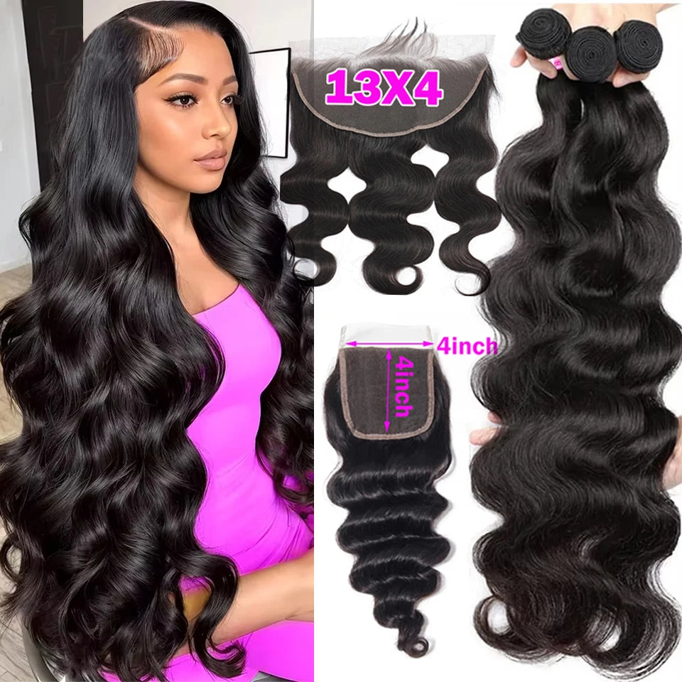 Extensions de cheveux humains Body Wave avec closure, tissage brésilien, 3 à 4 paquets avec closure en dentelle 4x4 ou 5x5, cheveux vierges, extensions de cheveux bruts