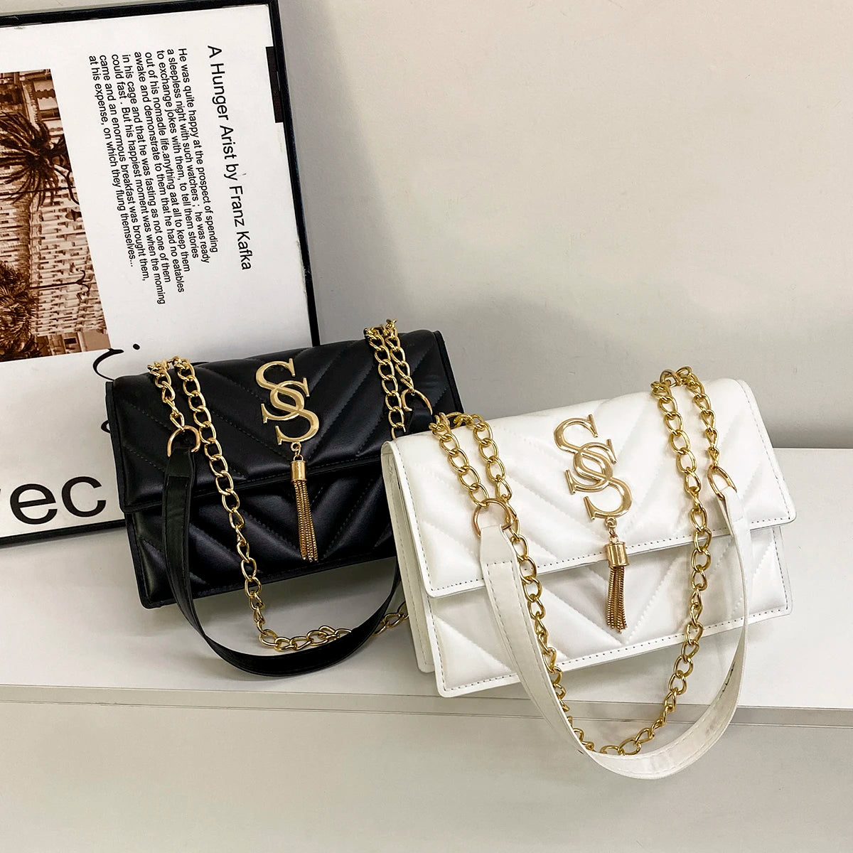Luxury Women's Quilted Leather Shoulder Bag Designer Chain Crossbody Bag Elegant Flap Purse with Gold Tone SS Logo & Tassel