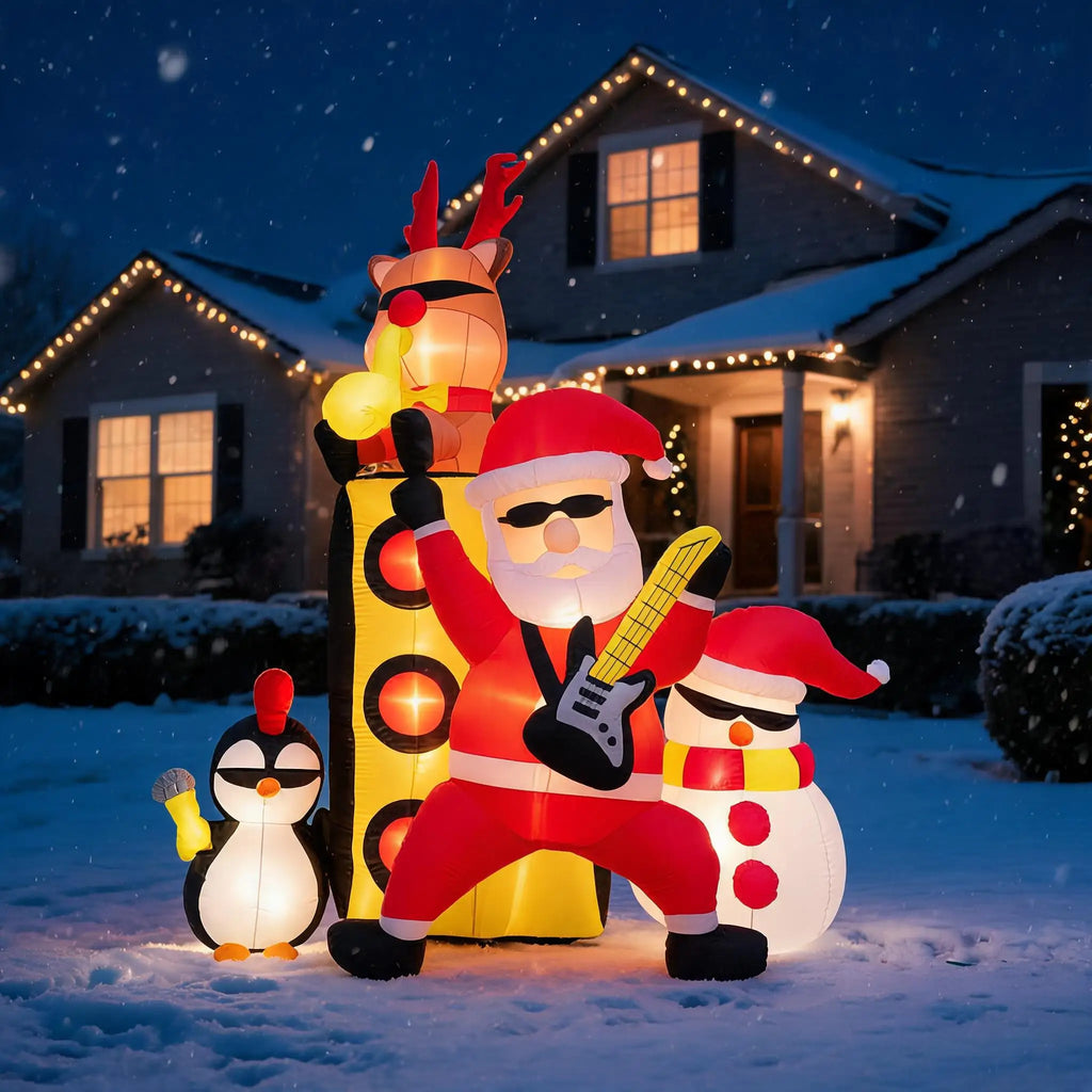 Christmas Inflatable Yard Decoration Santa with Drum Band Outdoor Holiday Lawn Inflatable Set Group Scene Snowman Penguin Reindeer Built In Fan LED Lights Waterproof Polyester Holiday Decor Supplies