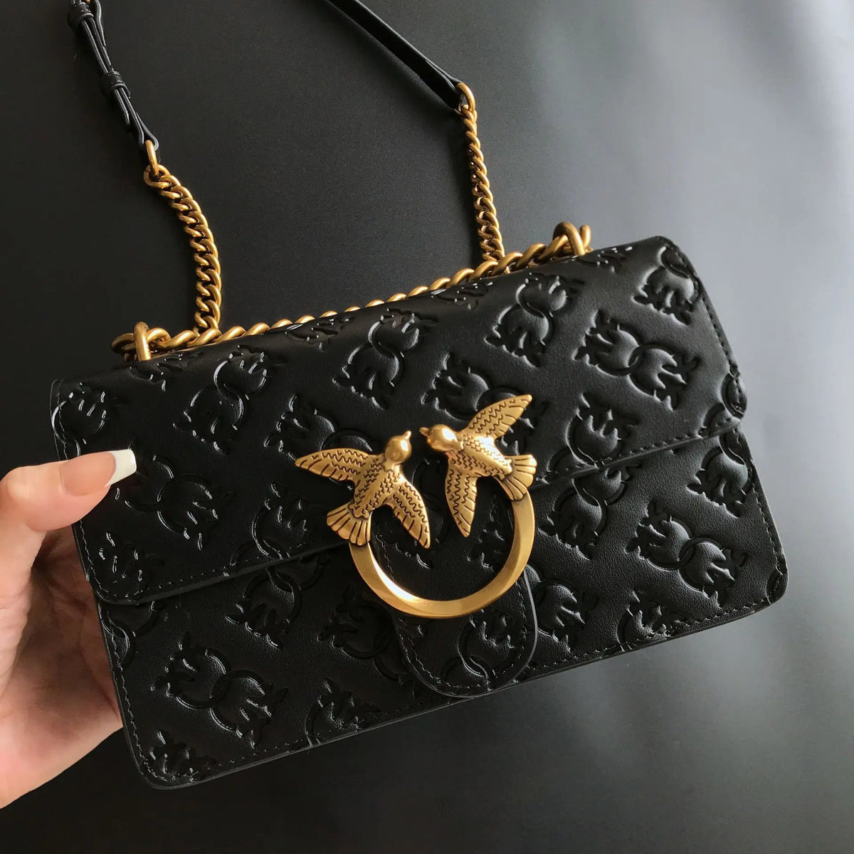 New Pinko-Inspired Genuine Leather Embossed Swallow Bag, Fashion Chain Armpit Bag, Luxury All-Match Shoulder Crossbody Bag