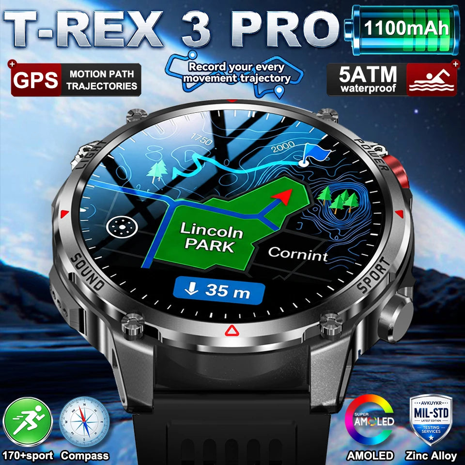 2026 New Military T-Rex 3 Pro 1100mAh Battery Smart Watch Men 5ATM Waterproof Swim GPS Path 1.7"AMOLED HD Call Sports Smartwatch