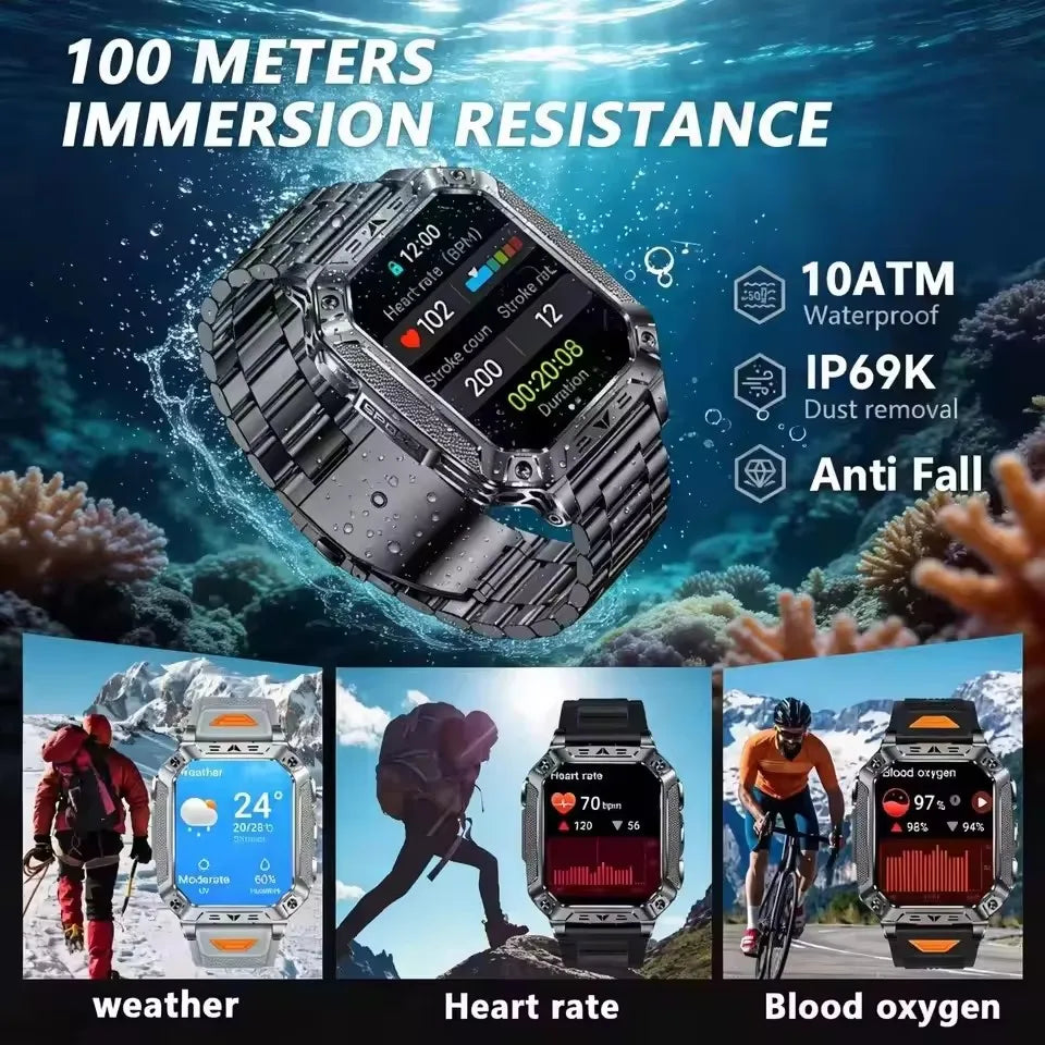 New 1500mAh Military Outdoor Smartwatch For Men LED Flashlight IP69K Waterproof GPS Sports 2.01-inch Bluetooth Call Smart Watch