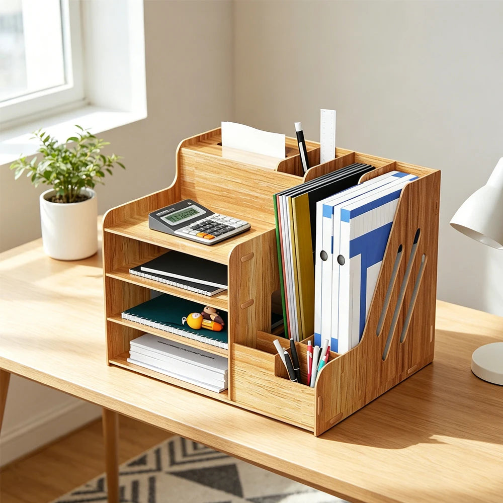 Wooden Desktop Organizer with Drawer and Compartments