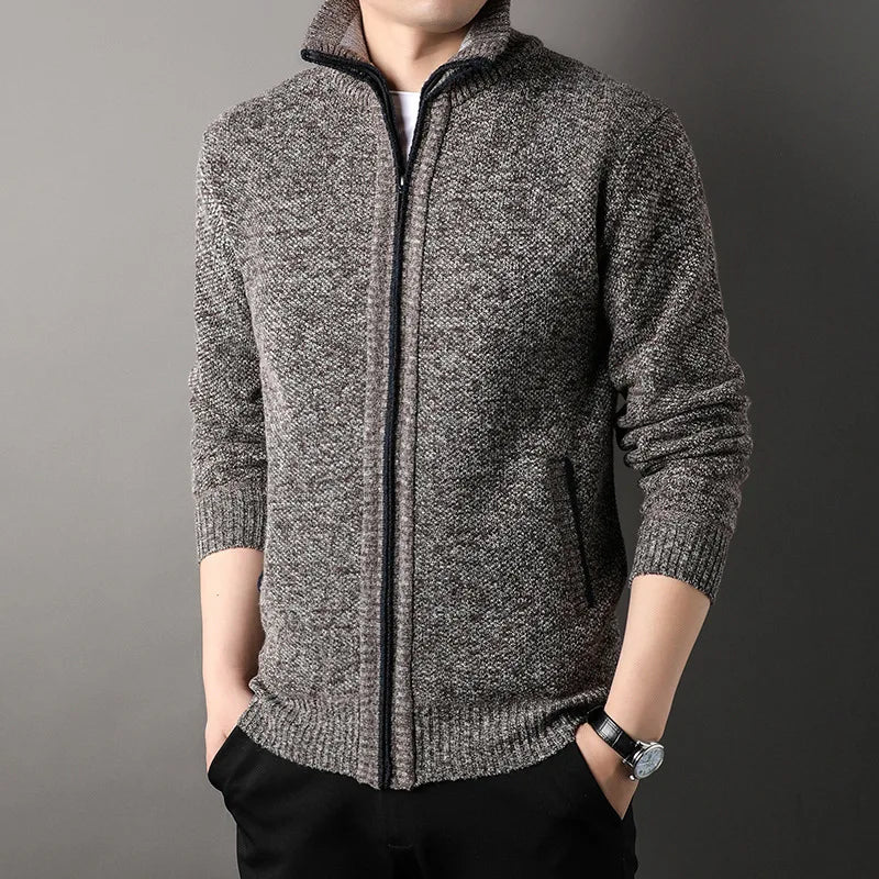 Men's Stand-up Collar Knitted Sweater Cardigan Autumn Winter New Thick Blouse Slim Fit Solid Color Sweatercoat Male Jacket