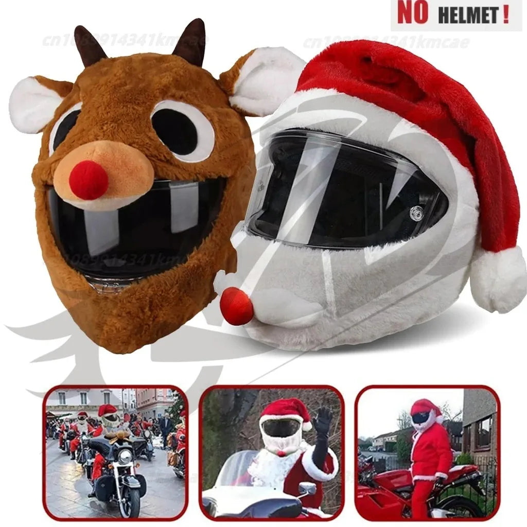 Universal Motorcycle Christmas Helmet Cover Cartoon Elk Santa Claus Fluffy Plush Set Christmas Cosplay Splicing Head Cover