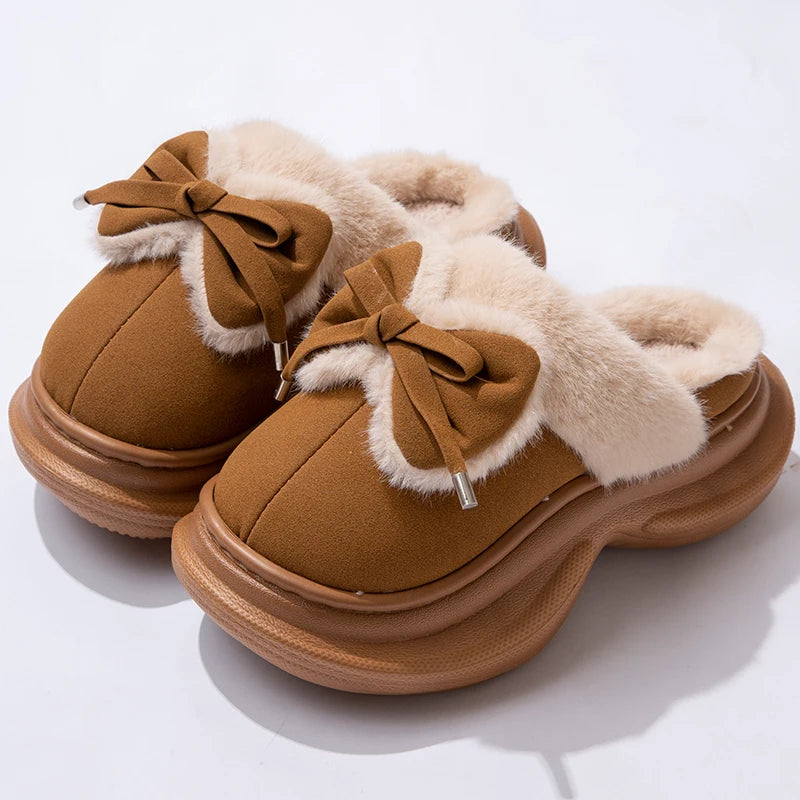 Pantuflas de invierno con lazo para mujer, calzado casual de casa, diseño de lujo de felpa, sandalias de plataforma con cuña, de pelo suave y suela cómoda