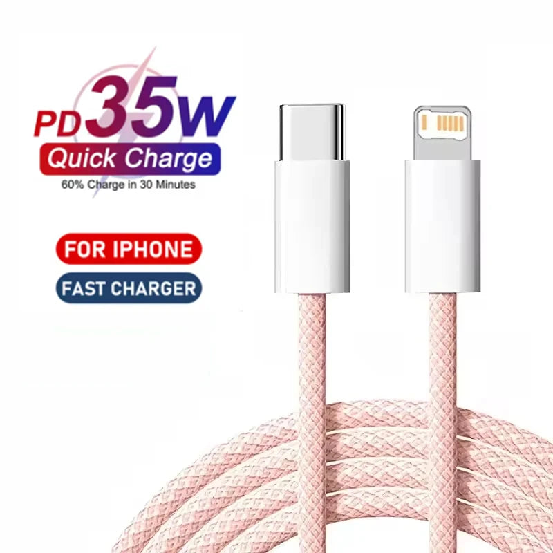 Cable trenzado PD de 1 m y 2 m, carga rápida de 35 W para iPhone 13, 14 Pro Max, 11, 12 mini, X, XR, XS Max, 7 y 8 Plus, cable USB-C para carga rápida y transferencia de datos