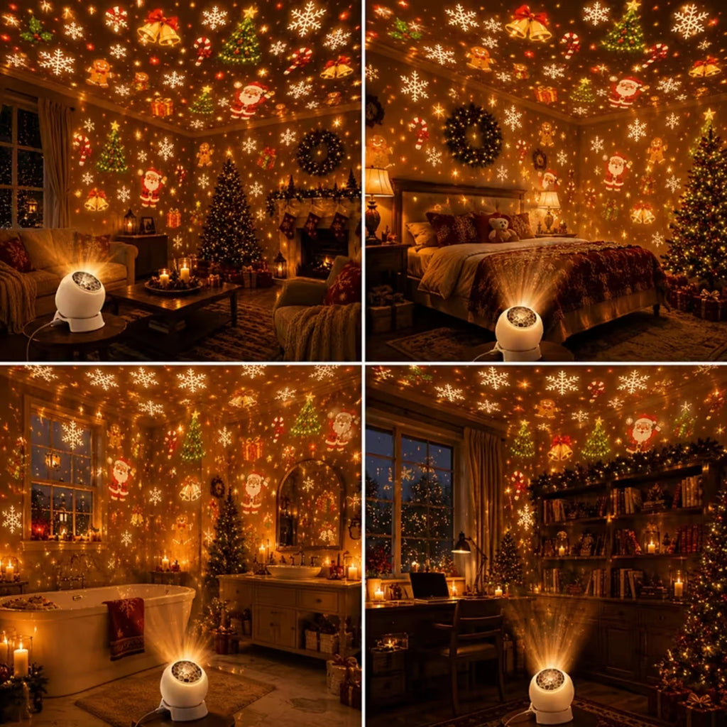 LED Christmas HD Projector USB Powered 8 Patterns 360° Rotating Dynamic Projector Night Light for Bedroom Holiday Party Decor