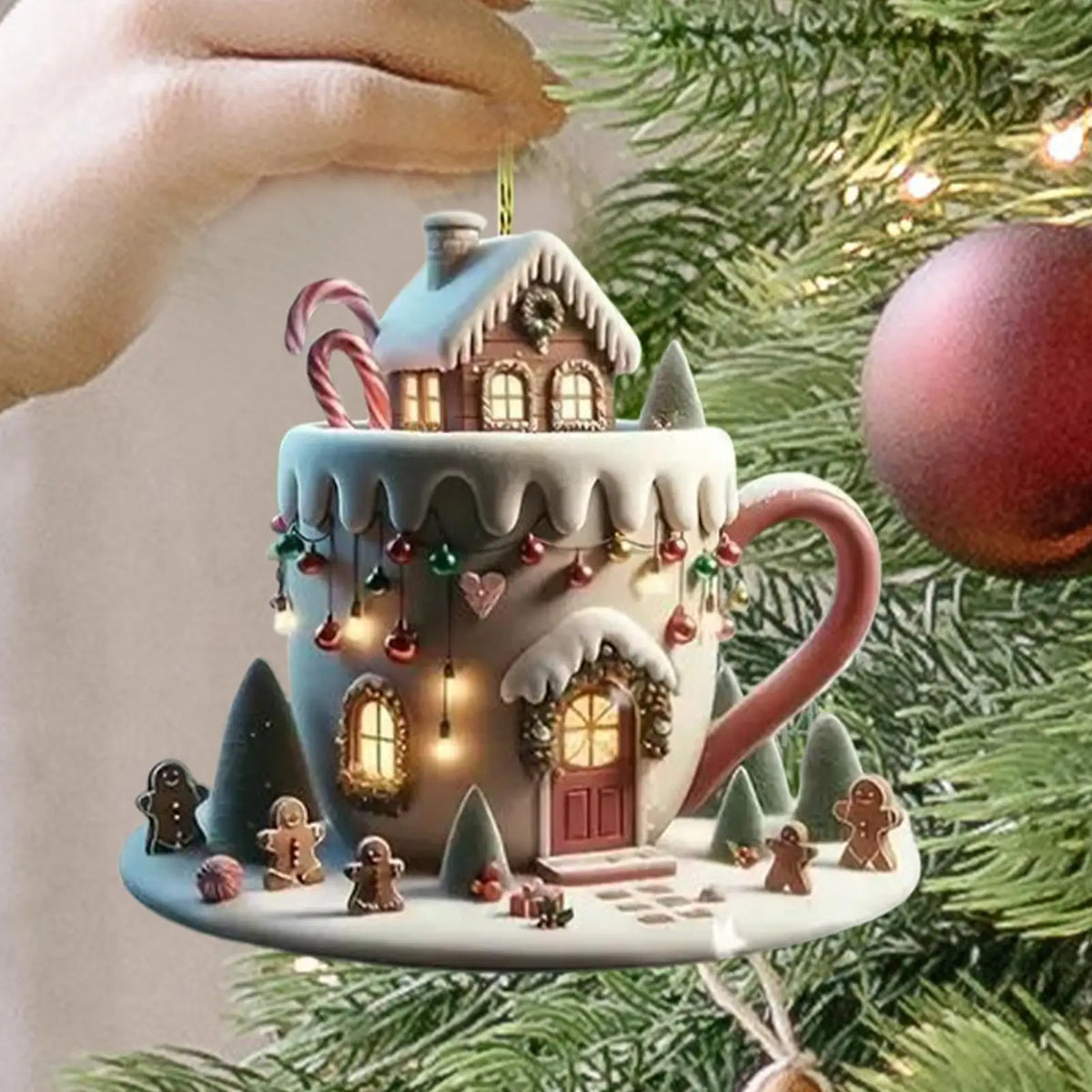 Christmas Decor Coffee Cup Ornaments 2D Acrylic Flat Christmas Snow Houses Chocolate Mug Pendant Christmas Tree Pendant