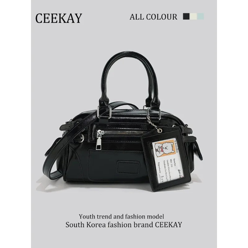 2026 New CEEKAY Boston Bag, Patent Leather Handbag with Card Holder Pendant, Casual Shoulder Bag for Women Casual Crossbody Bag