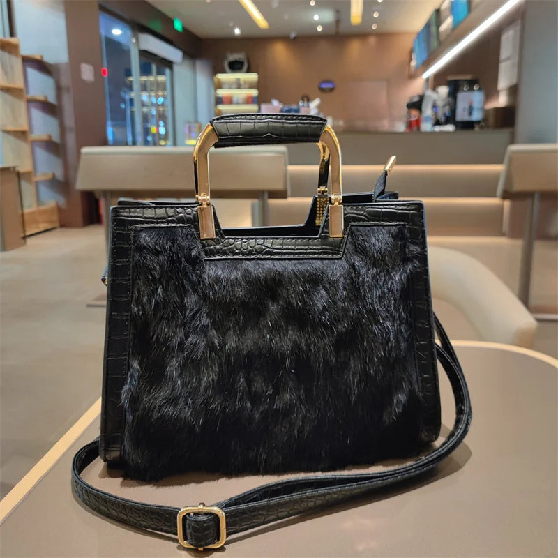 Genuine Leather Women's Handbag Luxury Fashion Real Rabbit Hair Single Shoulder Messenger Bag Large Capacity Portable Tote Bags