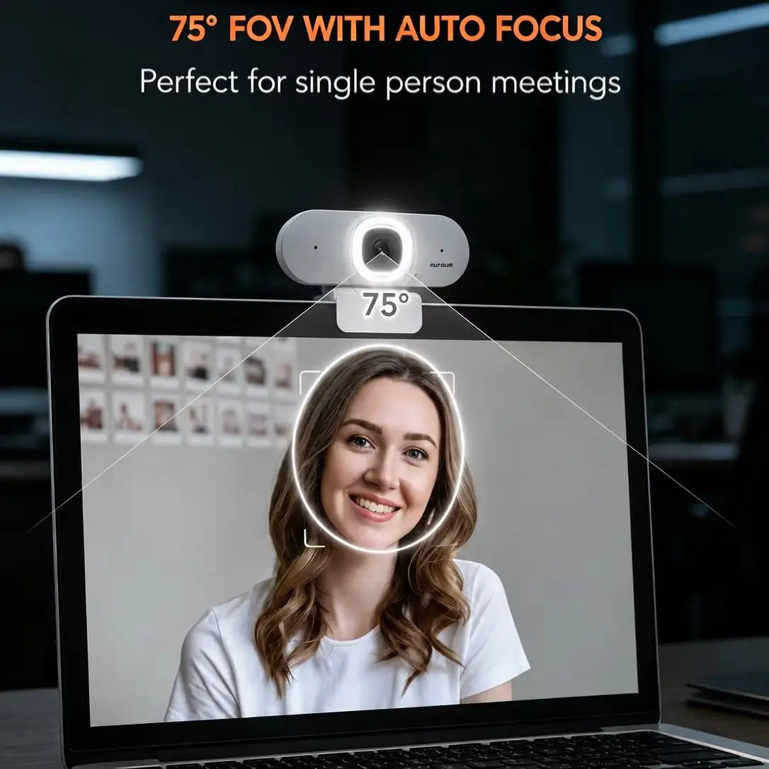 NUROUM V15AFL 2K Auto Focus Webcam with Ring Light, White USB HD Web Camera for PC Laptop, 1080P Low Light Enhancement, Noise Cancelling Mic, Plug & Play for Zoom Teams Video Conferencing Remote Work
