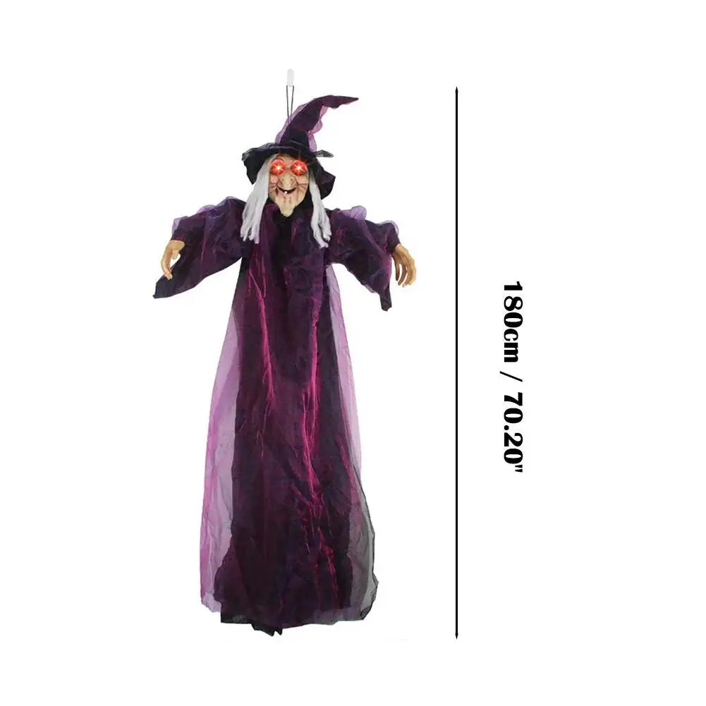 Bruja parlante de tamaño real para Halloween, bruja animatrónica morada de terror para exteriores, decoración luminosa y gritona con control por voz