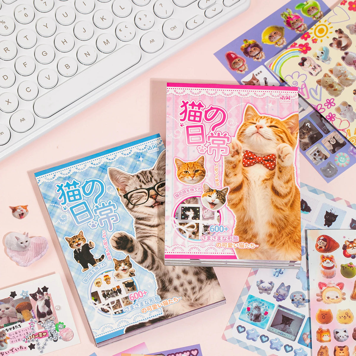 600+ Pcs Cartoon Cat Life Sticker Books, Aesthetics Cat Stickers for Journaling Scrapbook DIY Crafts, Phone Case, Water Bottle