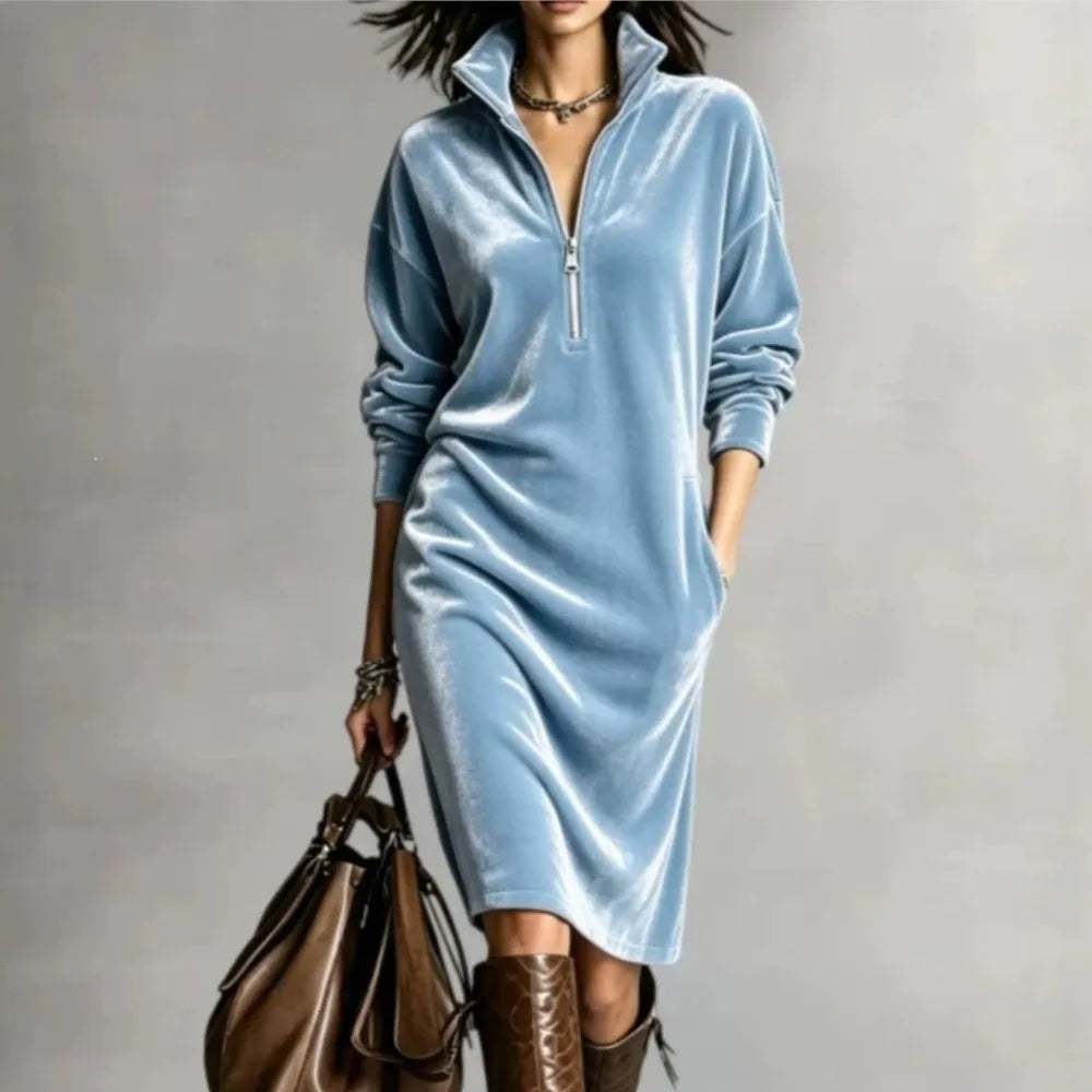 Women's polyester midi dress with lapel collar