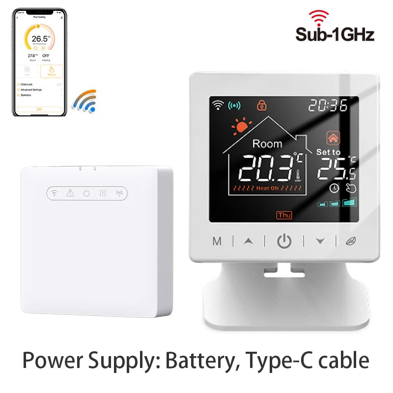Smart Wi-Fi Wireless Thermostat with 220V Receiver for Dry Contact Signal Water Gas Boiler Tuya Remote Temperature Controller Alexa Google Home Type-c Cable/Battery Powered Thermostat