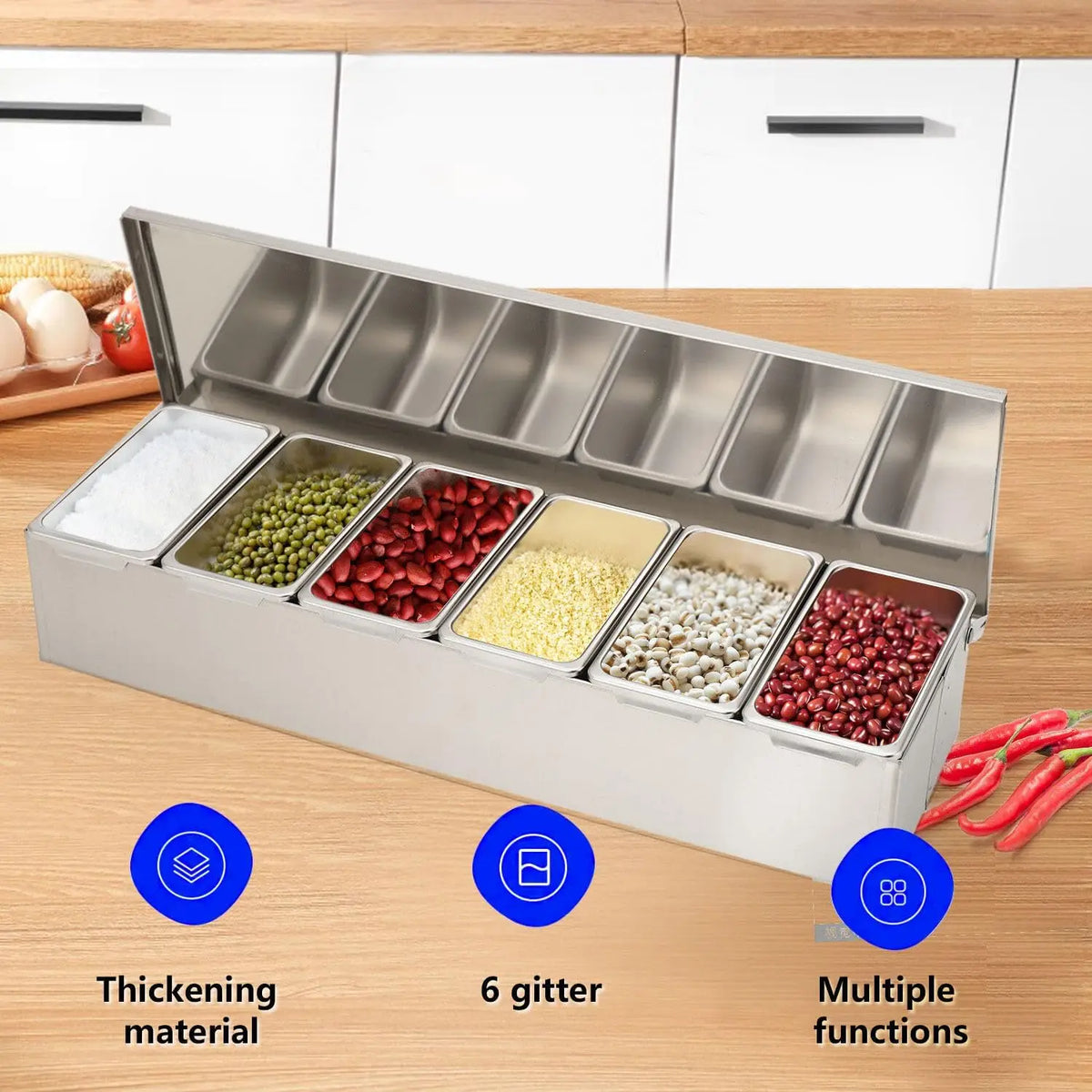 6-teiliges Gewürzbox-Set mit Fächern, Zutatenboxen aus Edelstahl mit großem Fassungsvermögen, Gewürzbehälter für die Küche