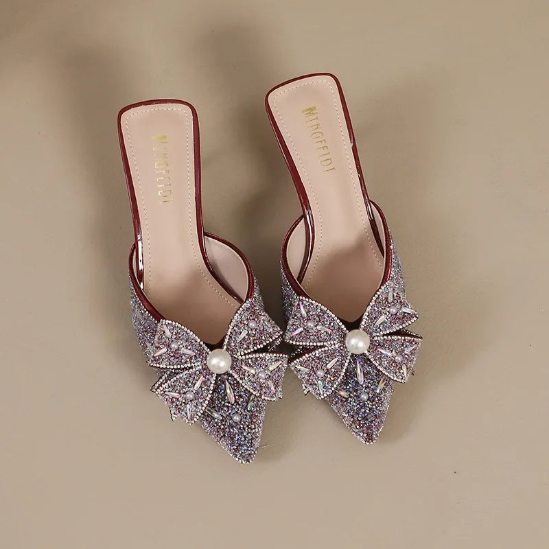 High-Heeled Shoes Lady Glitter Slides Cover Toe Low Butterfly-Knot Slippers Casual Jelly Thin Pointed Luxury Fashion Slides