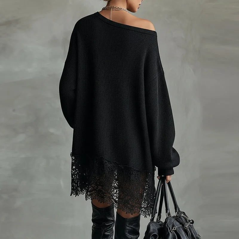 Damen-Strickkleid mit schulterfreiem Ausschnitt und Spitzenbesatz