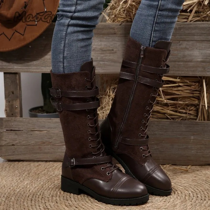 Women's Plus Size 35-43 Chunky Heel Lace Up Riding Boots Mid Calf Leather Boots Round Toe Autumn Fashion Cowgirls Shoes Side Zip
