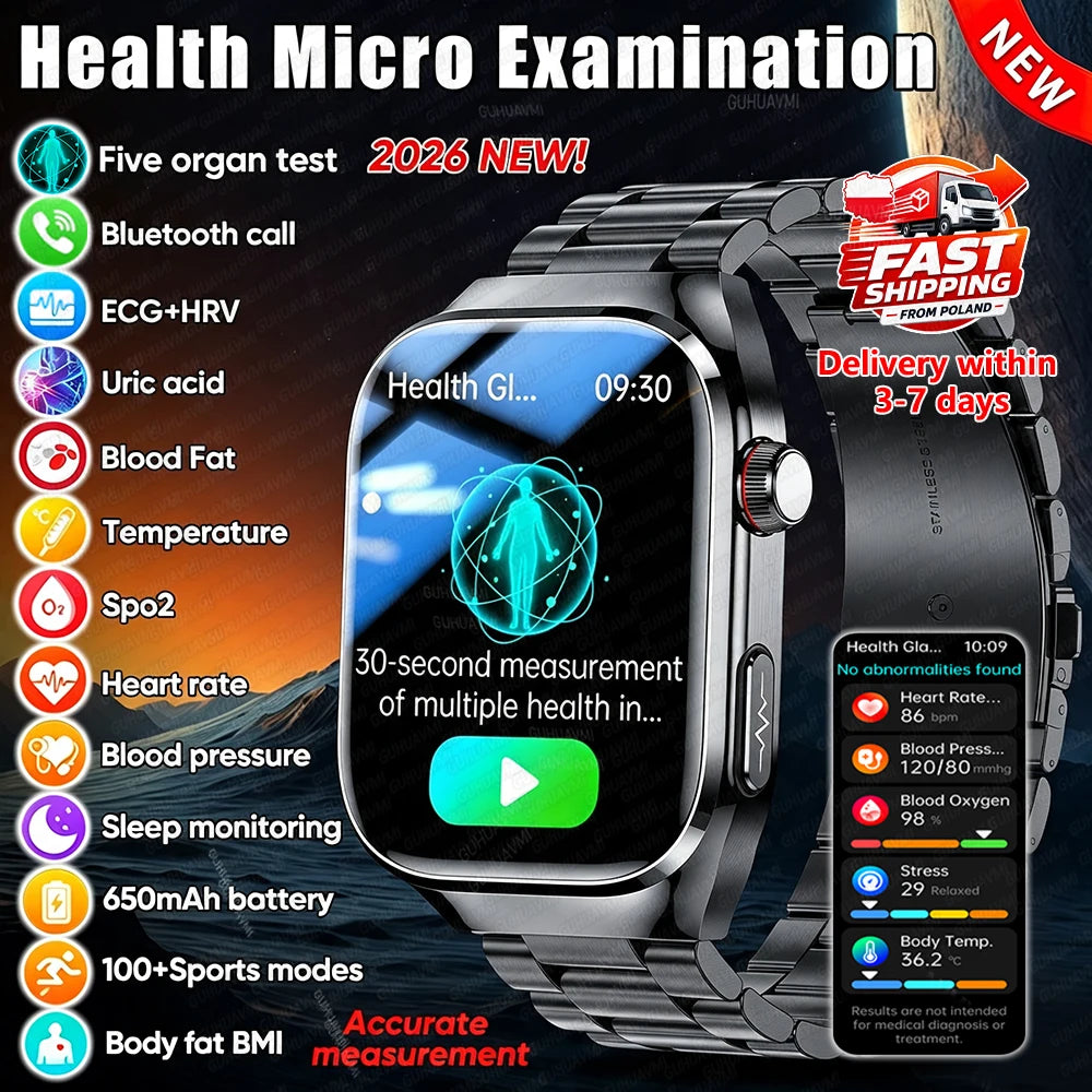 2026 New Health AI ECG Diagnosis Smart Watch Men 2.04-inch AMOLED Screen Heart Rate Blood Pressure IP68 Waterproof Bluetooth Call Sports Smartwatch
