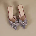 High-Heeled Shoes Lady Glitter Slides Cover Toe Low Butterfly-Knot Slippers Casual Jelly Thin Pointed Luxury Fashion Slides