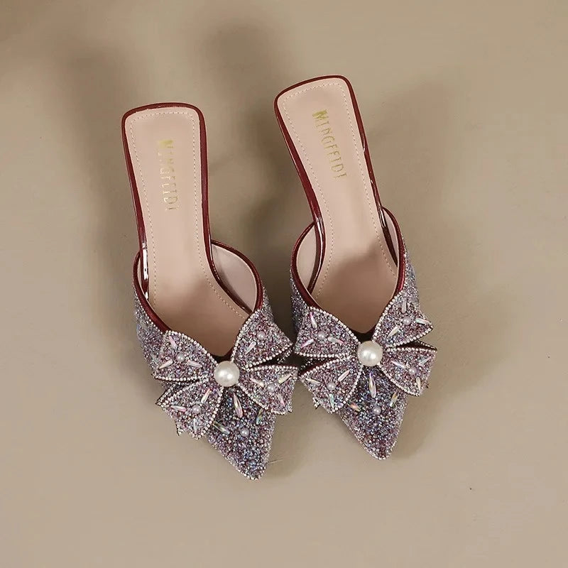 High-Heeled Shoes Lady Glitter Slides Cover Toe Low Butterfly-Knot Slippers Casual Jelly Thin Pointed Luxury Fashion Slides