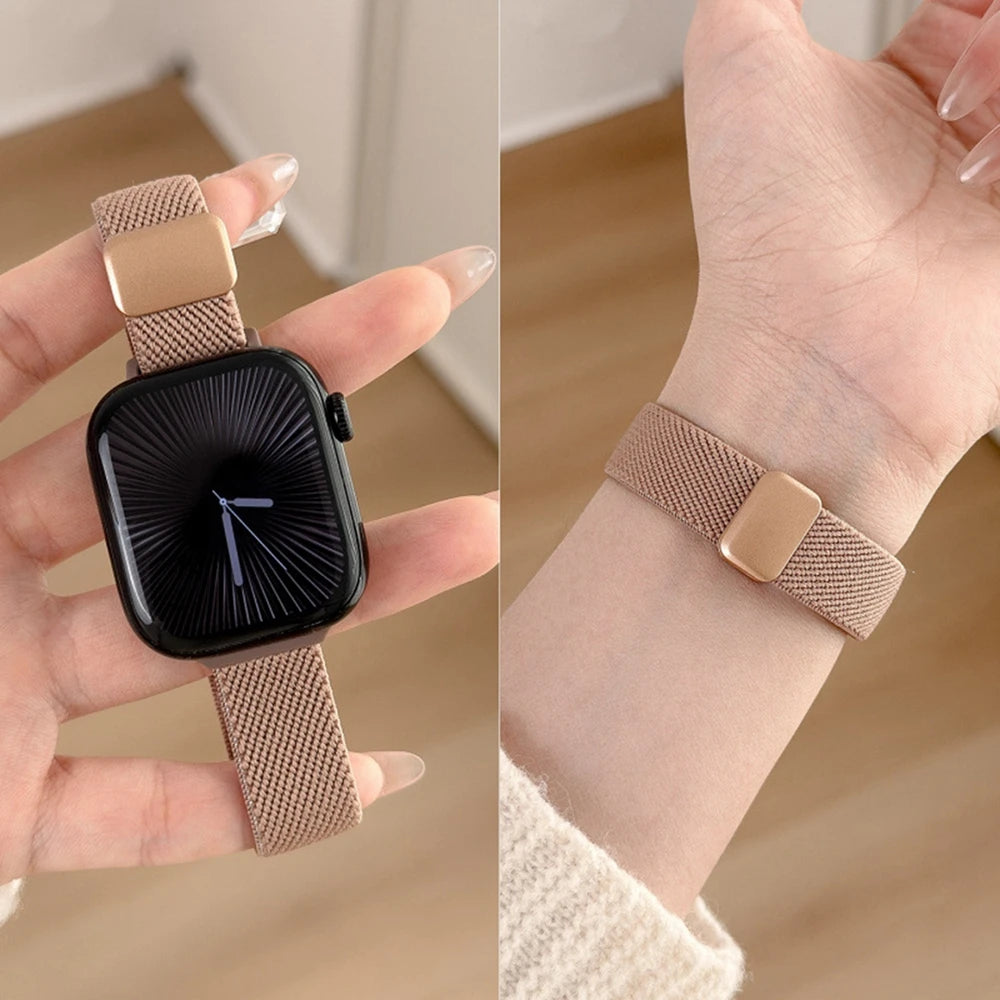Correa elástica magnética elegante de nailon para Apple Watch para mujer 11/10/9/8/7/6/5 38mm 40mm 41mm 42mm 44mm 45mm 46mm