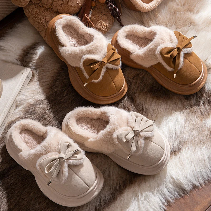Pantuflas de invierno con lazo para mujer, calzado casual de casa, diseño de lujo de felpa, sandalias de plataforma con cuña, de pelo suave y suela cómoda