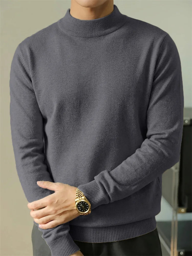 Autumn Men's Sweater Slim Fit Long Sleeve Mock Neck Casual Warm Knitwear Solid Color Fashion Simple Style Knitted Pullovers