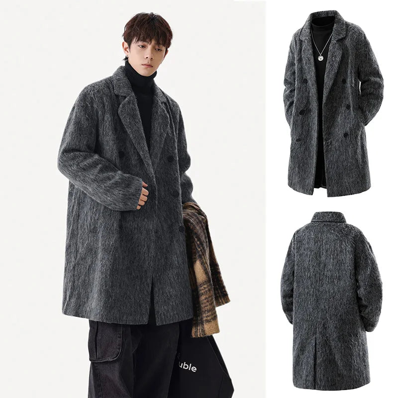 Autumn Winter Fleece Coat Mid-length Gray Oversized Thickened Warm Imitation Cashmere Blends Coat Men Double-breasted Trend Coat