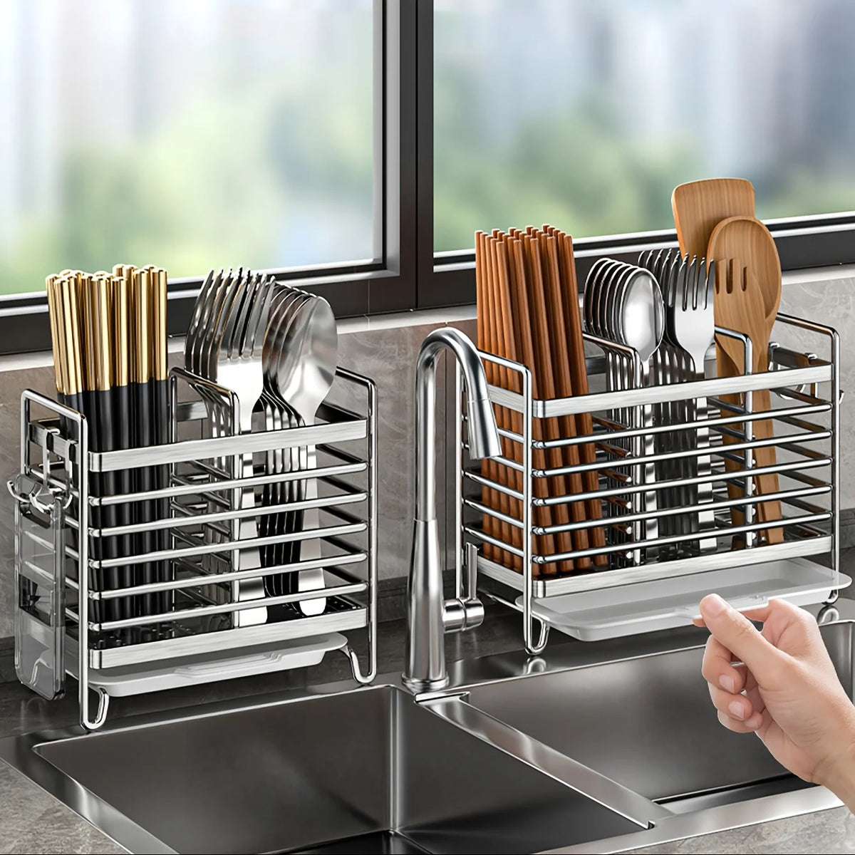Organizador de utensilios de pared sin taladrar. Organizador de acero inoxidable que ahorra espacio para cubiertos de cocina, ideal para espacios pequeños.