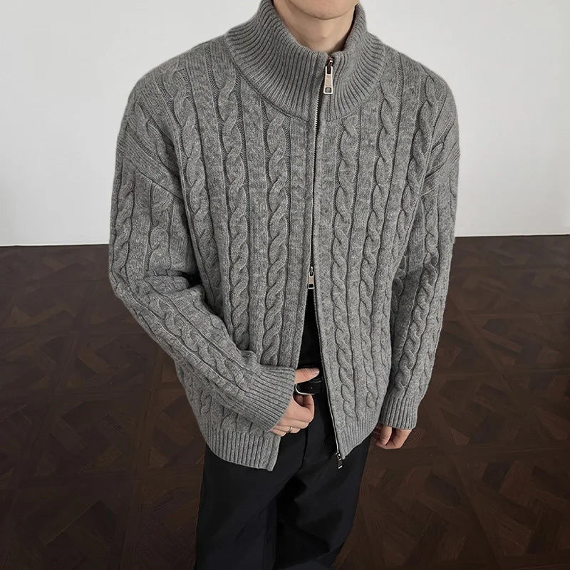 Autumn Winter Men Full Zip Knit Cardigan Slim Fit High Neck Knitted Sweater Solid Color Casual Streetwear Warm Fashion Knitwear
