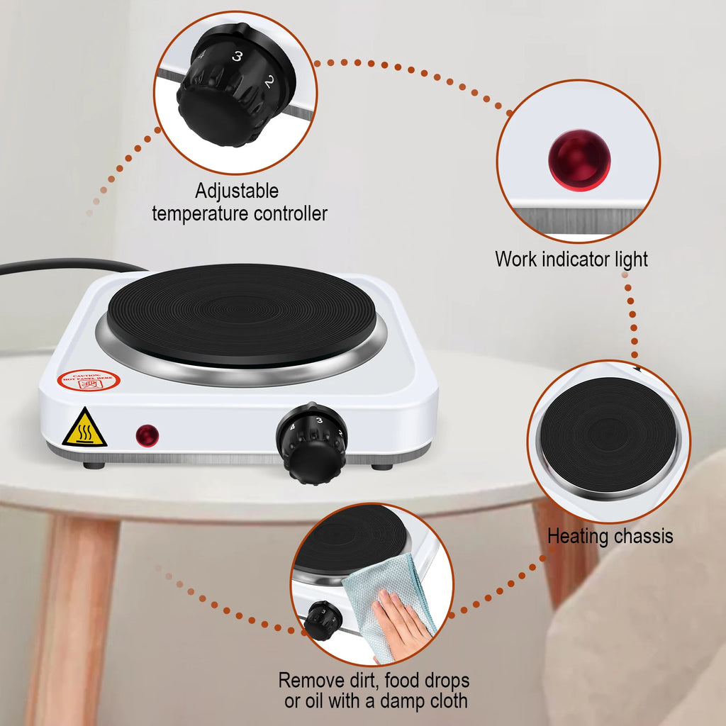 Plaque de cuisson simple 1000 W, plaque chauffante en fonte pour table, réchaud électrique portable avec 5 niveaux de puissance et protection contre la surchauffe