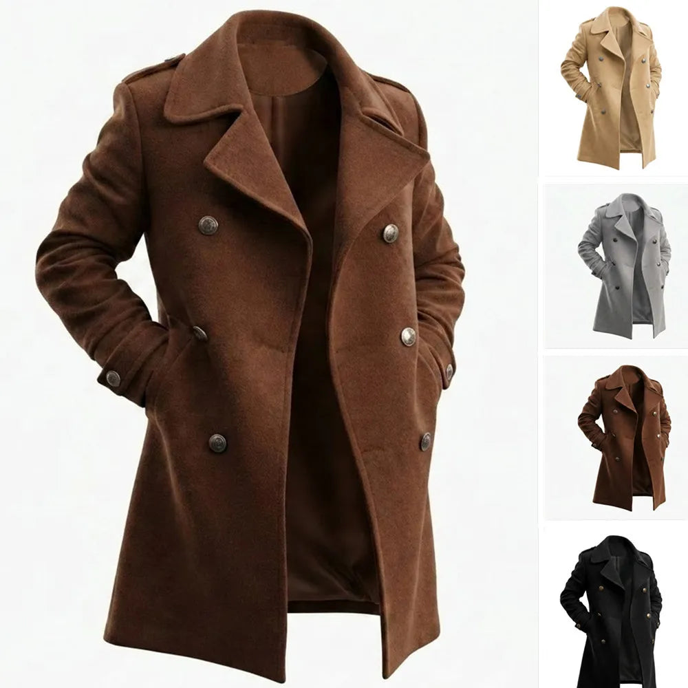 Men Wool Blends Double Breasted Overcoat Lapel Trench Coat Classic Formal Work Y2k Streetwear Thick Warm Jacket Autumn Winter