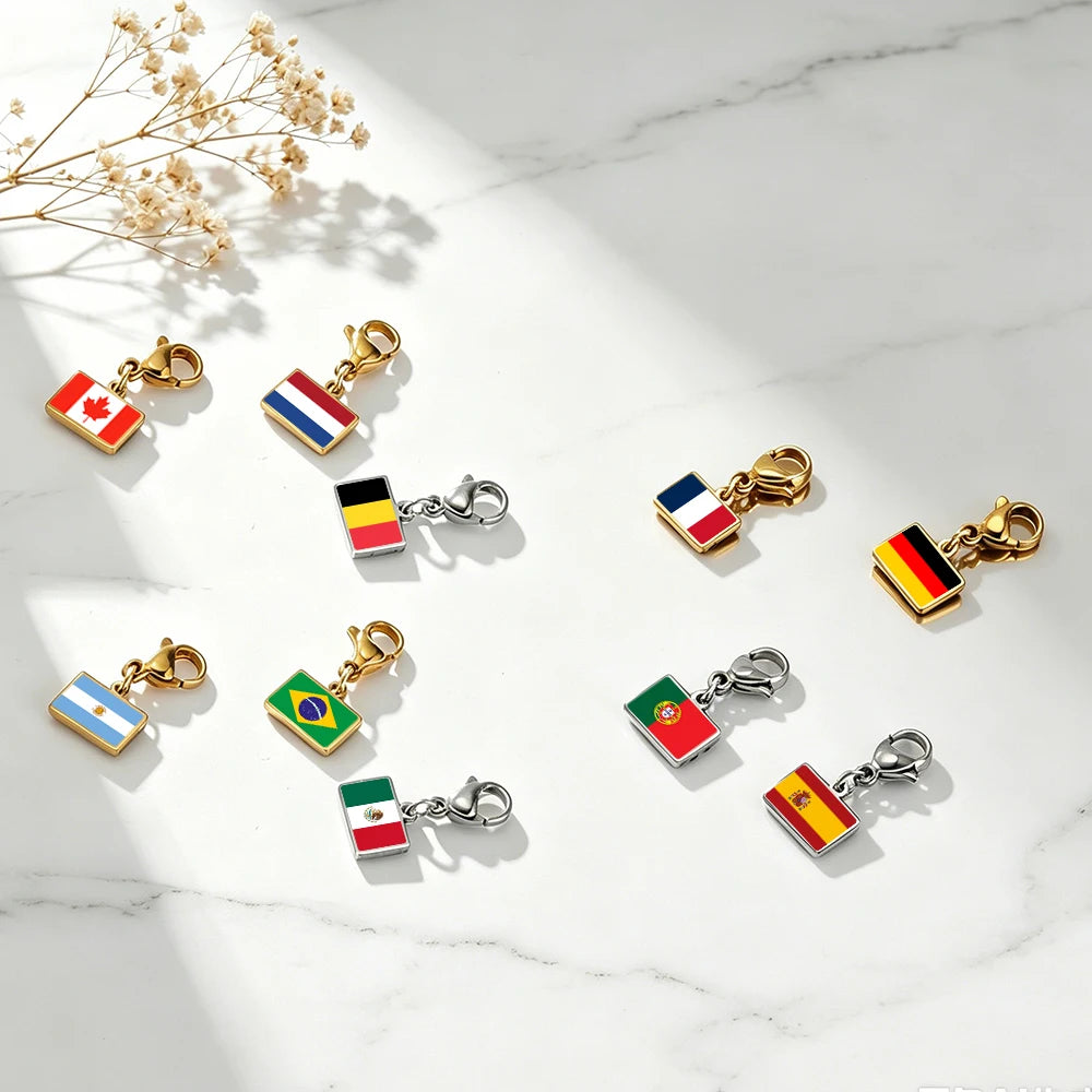 Country Flag Lobster Clasp Charms Pendant Bracelet Stainless Steel Italy France Brazil Spain Flags Jewelry Travel Souvenir Gift