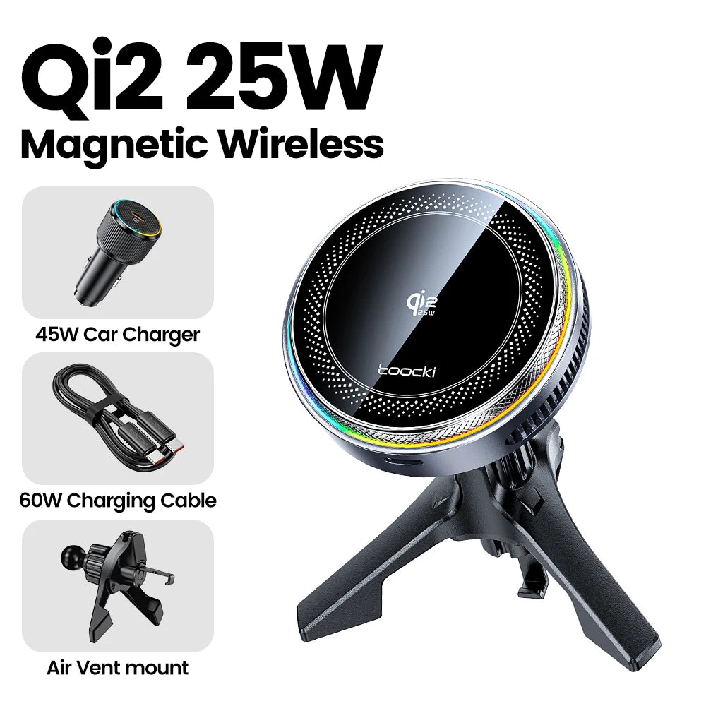 Toocki Qi2.2 25W Wireless Charger Magnetic Car Phone Holder TEC Cooling for iPhone 17 16 15 Samsung S26 S25 for Magsafe Charger